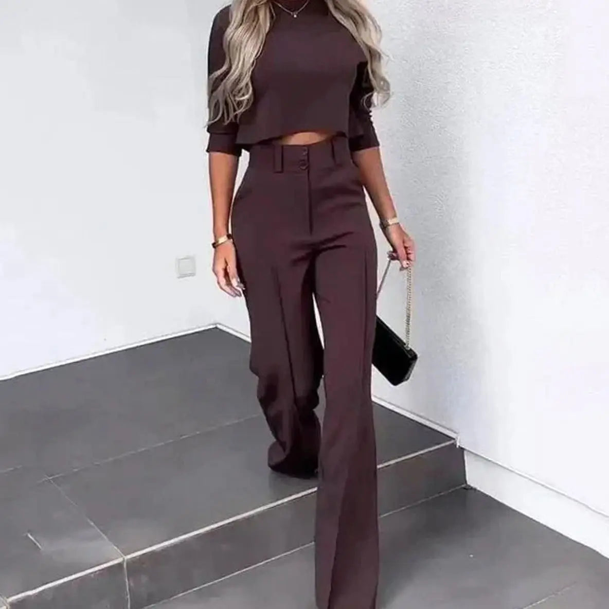 Women's Cropped Matching Top High-Waist Wide-Leg Trouser Two-Piece Set