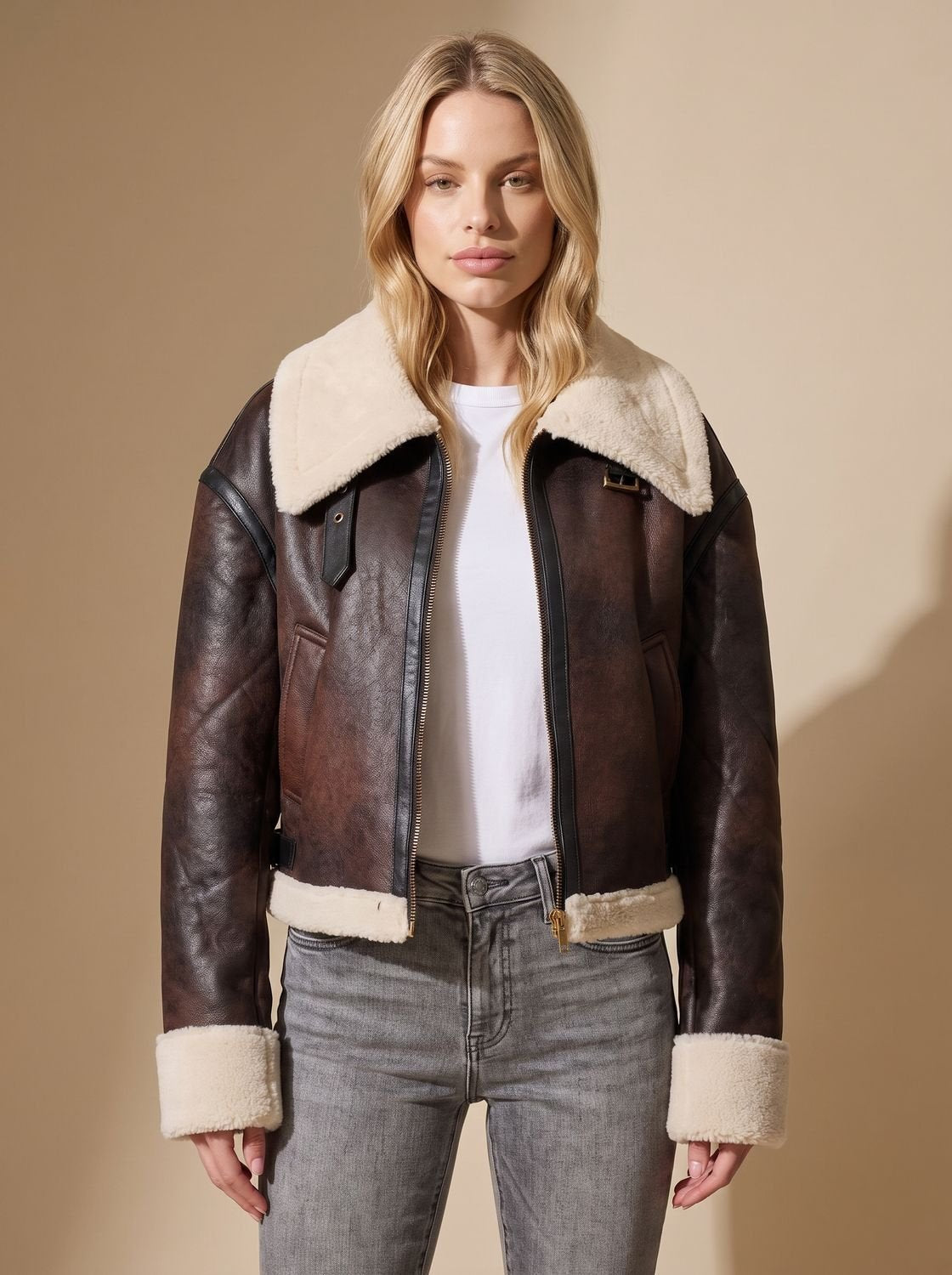 Emily | Women's Cropped Shearling-Trim Faux Leather Aviator Jacket