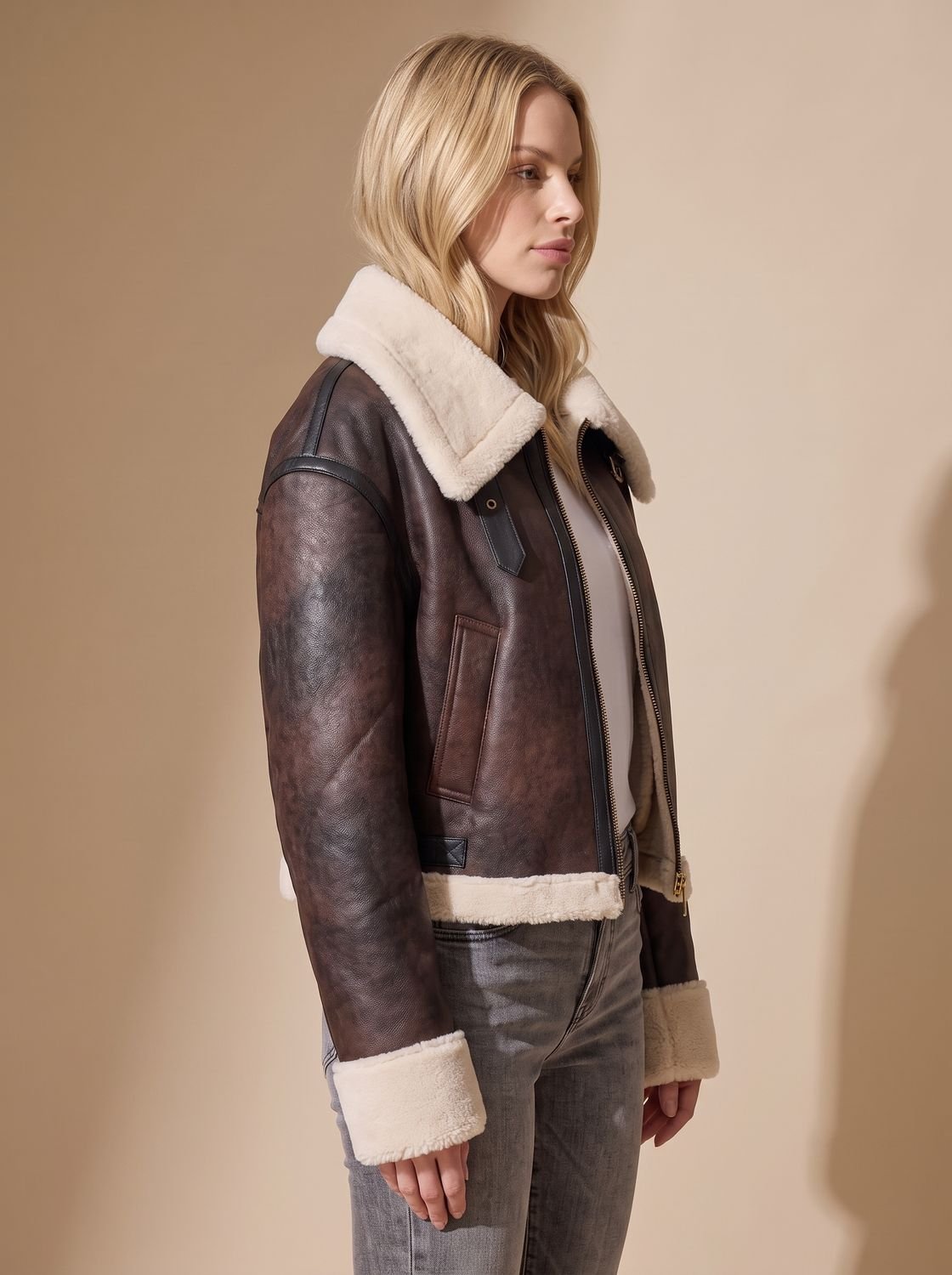 Emily | Women's Cropped Shearling-Trim Faux Leather Aviator Jacket
