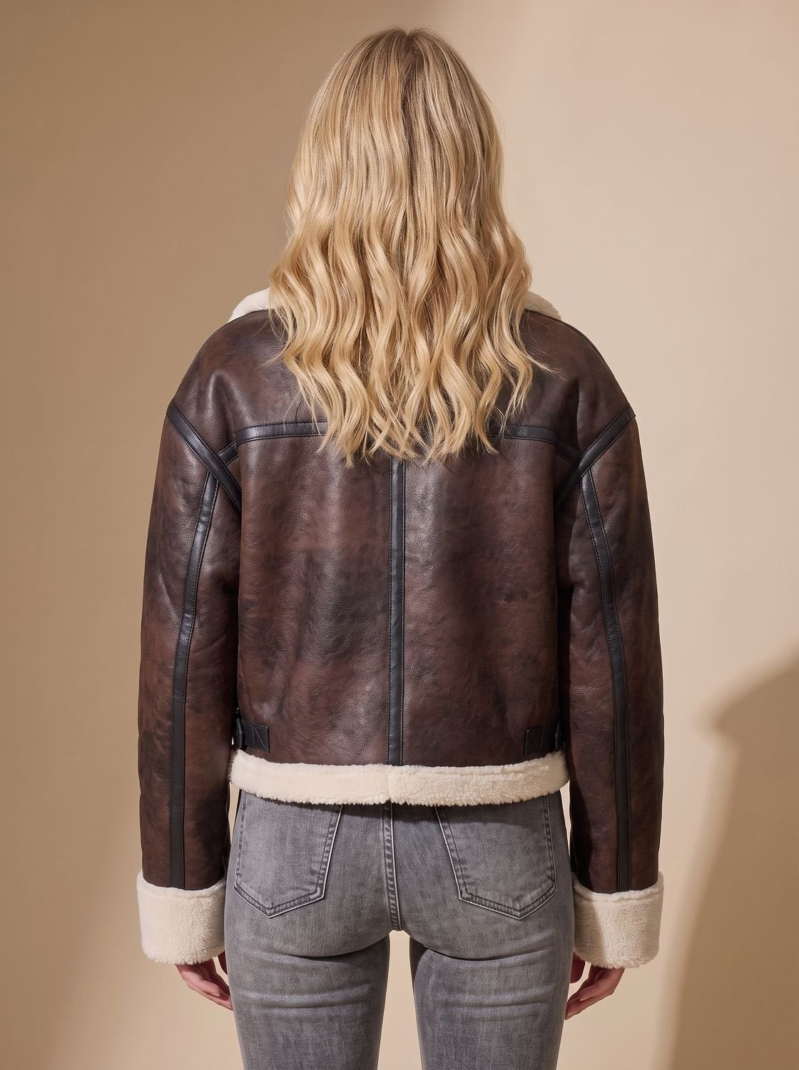 Emily | Women's Cropped Shearling-Trim Faux Leather Aviator Jacket