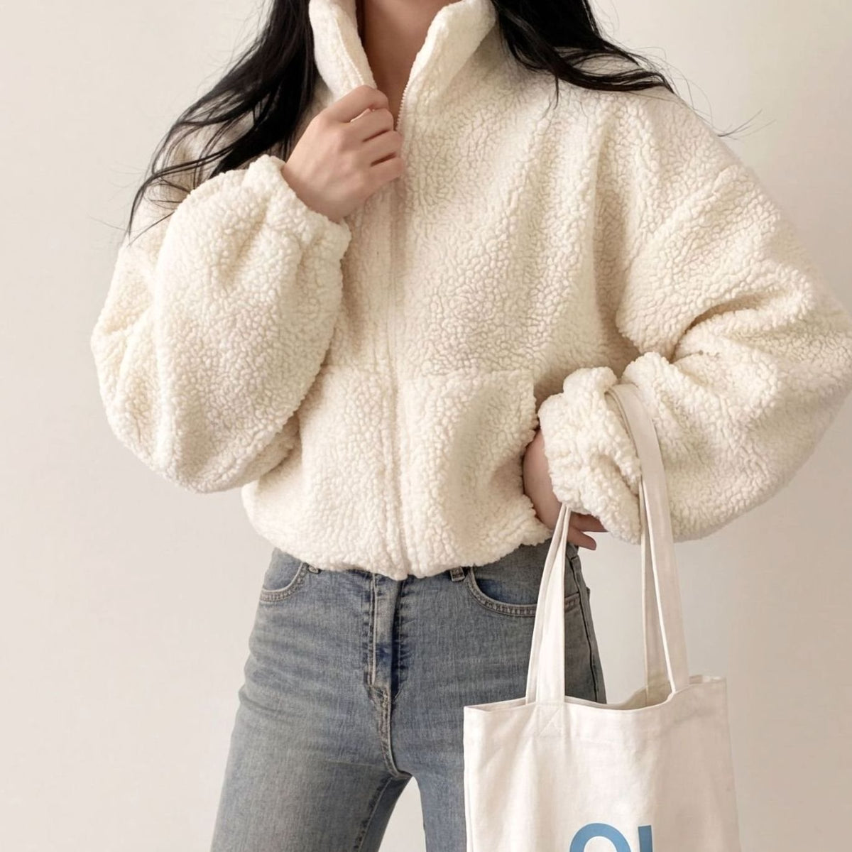 Women's Cropped Sherpa Fleece Zip-Up Winter Coat Jacket