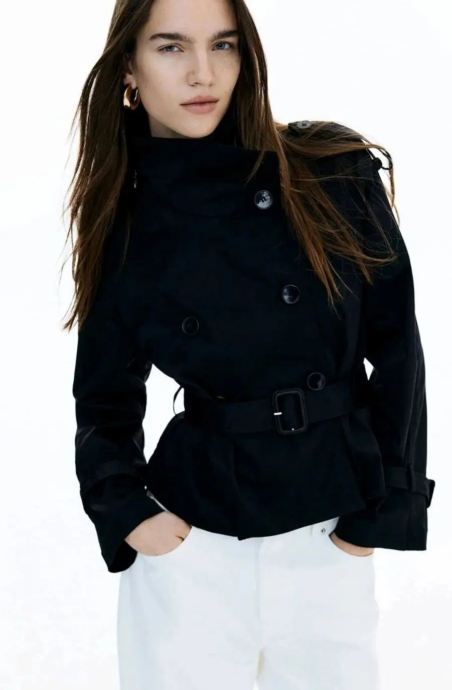 Women's Cropped Trench Coat Stand-Up Collar Belted Jacket