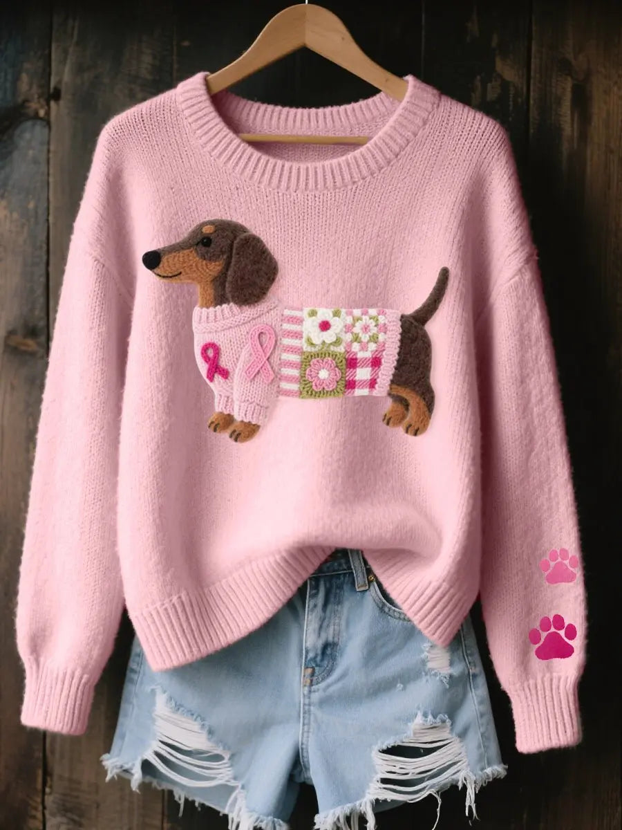 Women's Dachshund Patchwork Floral Knit Sweater Jumper