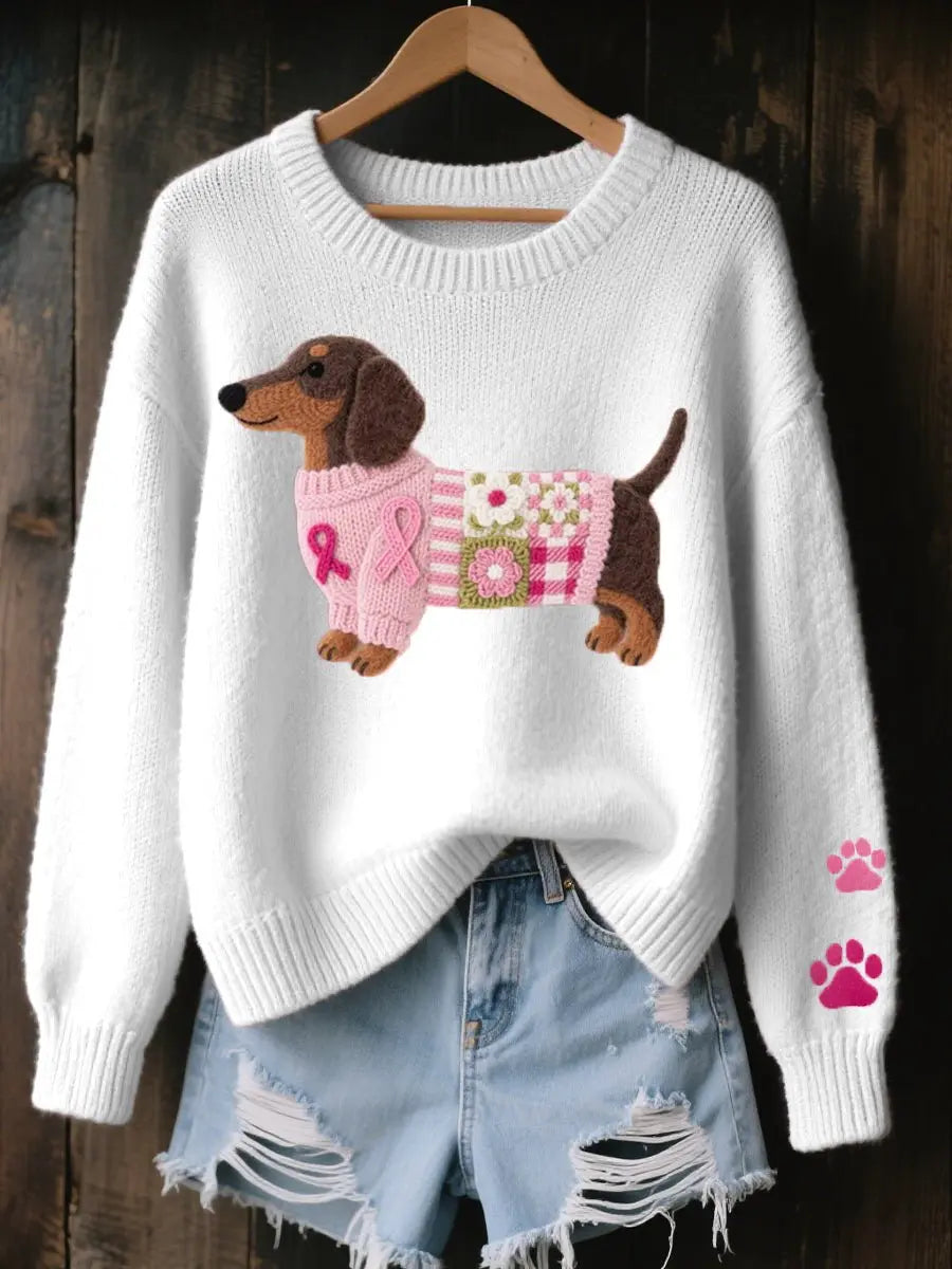 Women's Dachshund Patchwork Floral Knit Sweater Jumper