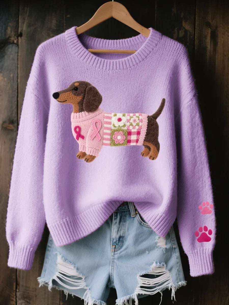 Women's Dachshund Patchwork Floral Knit Sweater Jumper