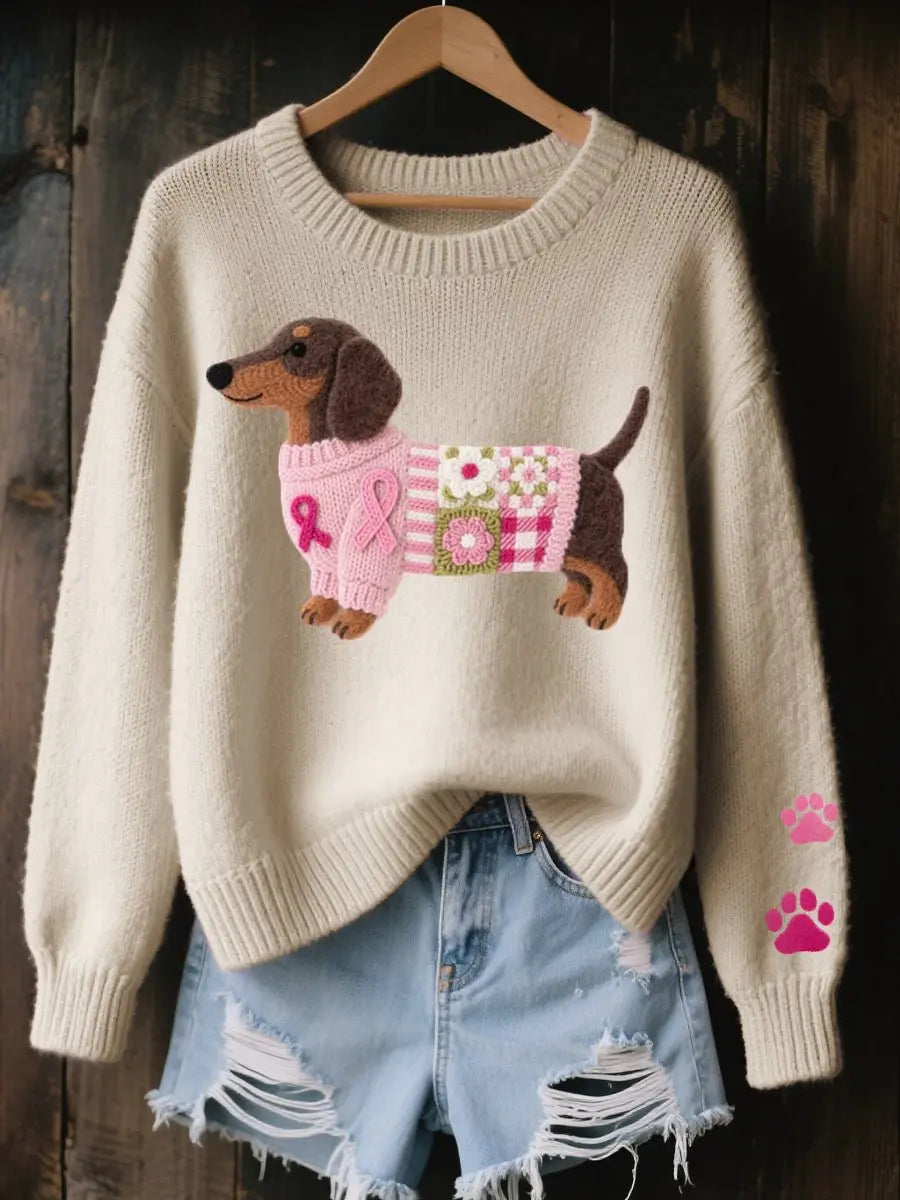Women's Dachshund Patchwork Floral Knit Sweater Jumper