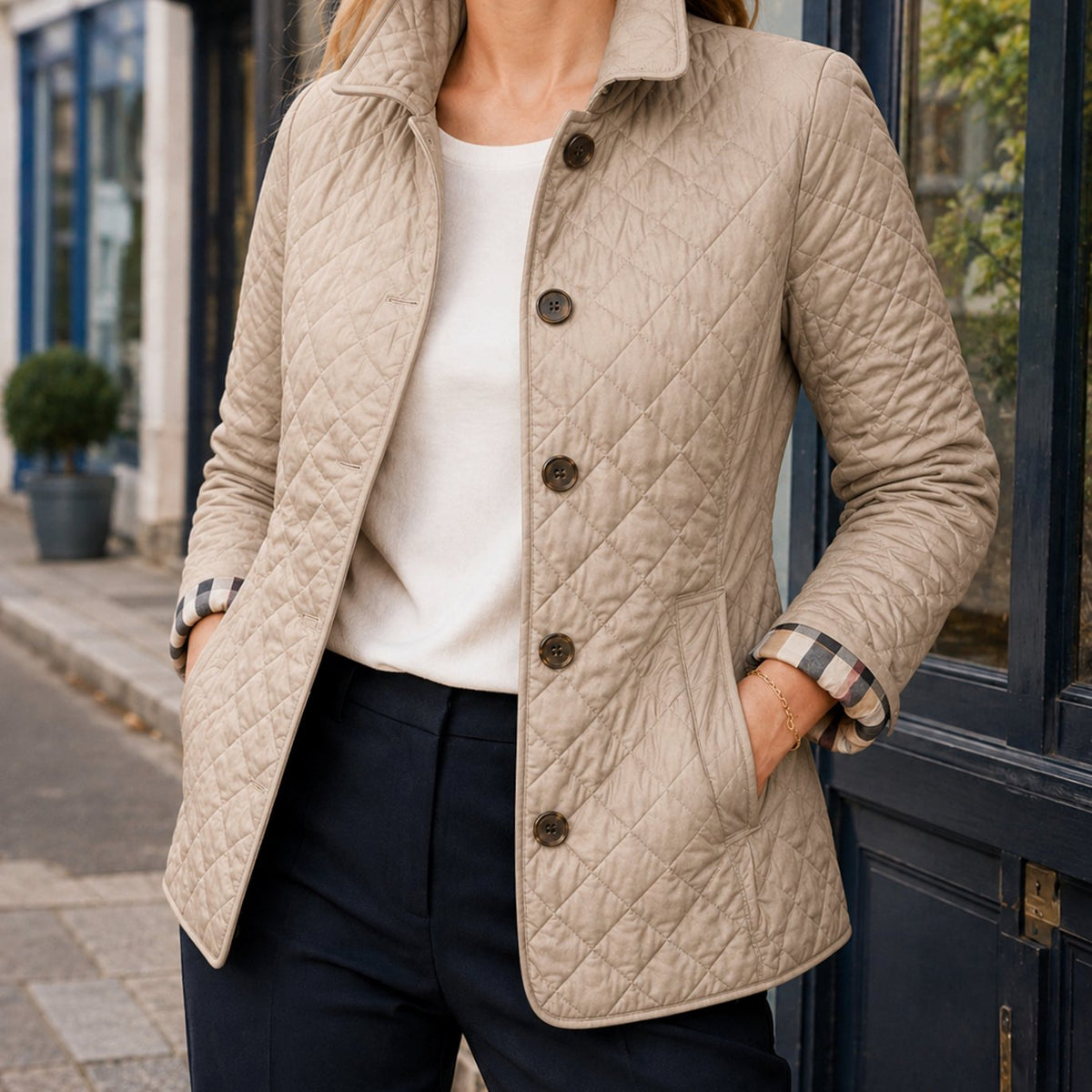 Women's Diamond-Quilted Button-Front Jacket Checked Cuffs