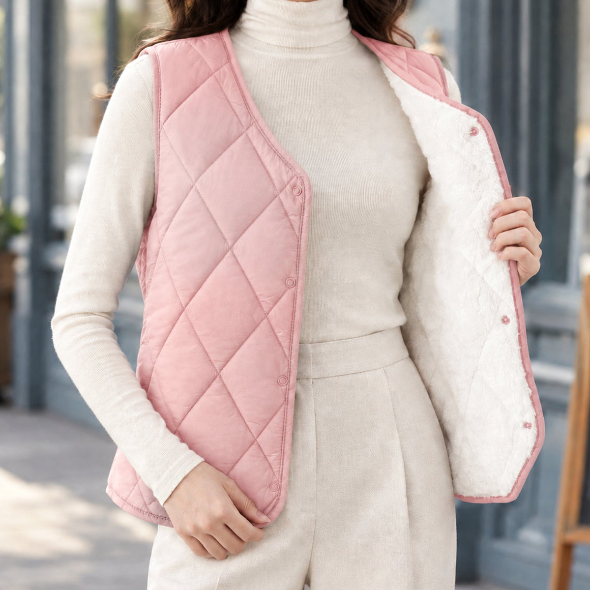 Women's Diamond-Quilted Sherpa-Lined Sleeveless Vest