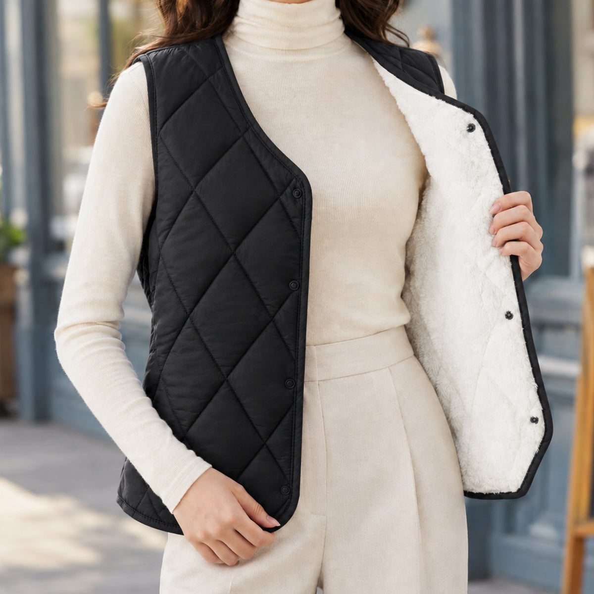 Women's Diamond-Quilted Sherpa-Lined Sleeveless Vest