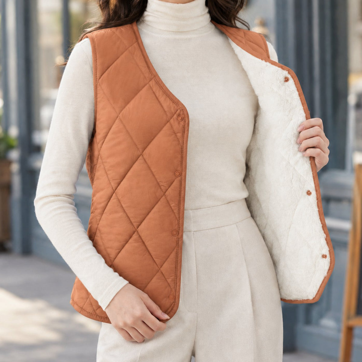 Women's Diamond-Quilted Sherpa-Lined Sleeveless Vest