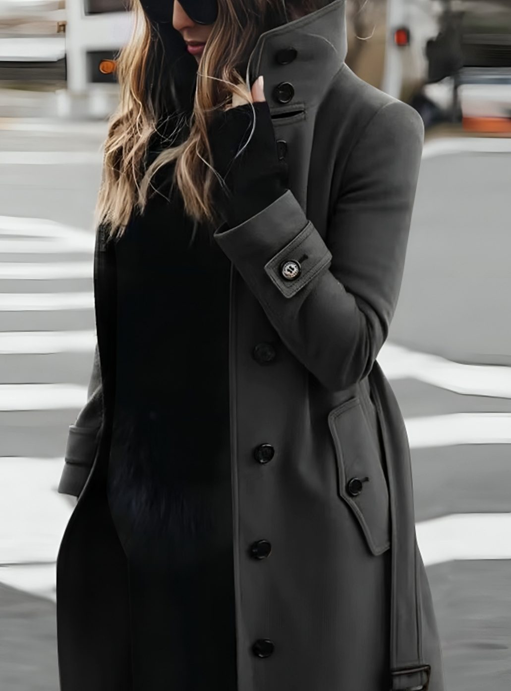 Women's Double-Breasted Belted Trench Coat High-Collar Longline