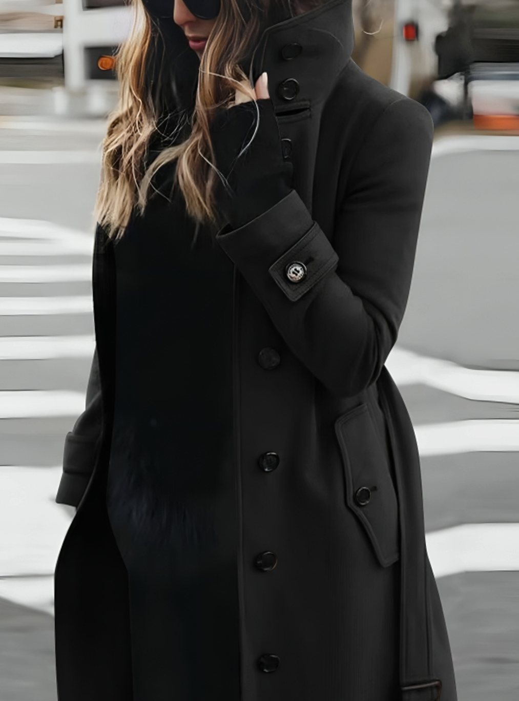 Women's Double-Breasted Belted Trench Coat High-Collar Longline