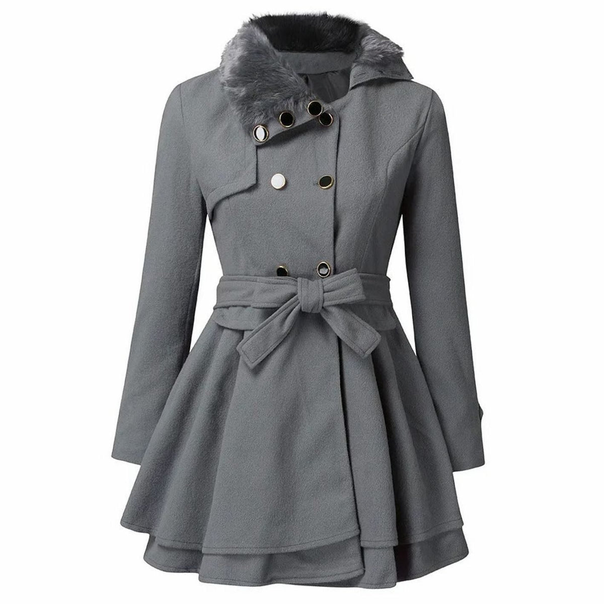 Women's Double-Breasted Faux Fur Collar Belted Ladies Overcoat