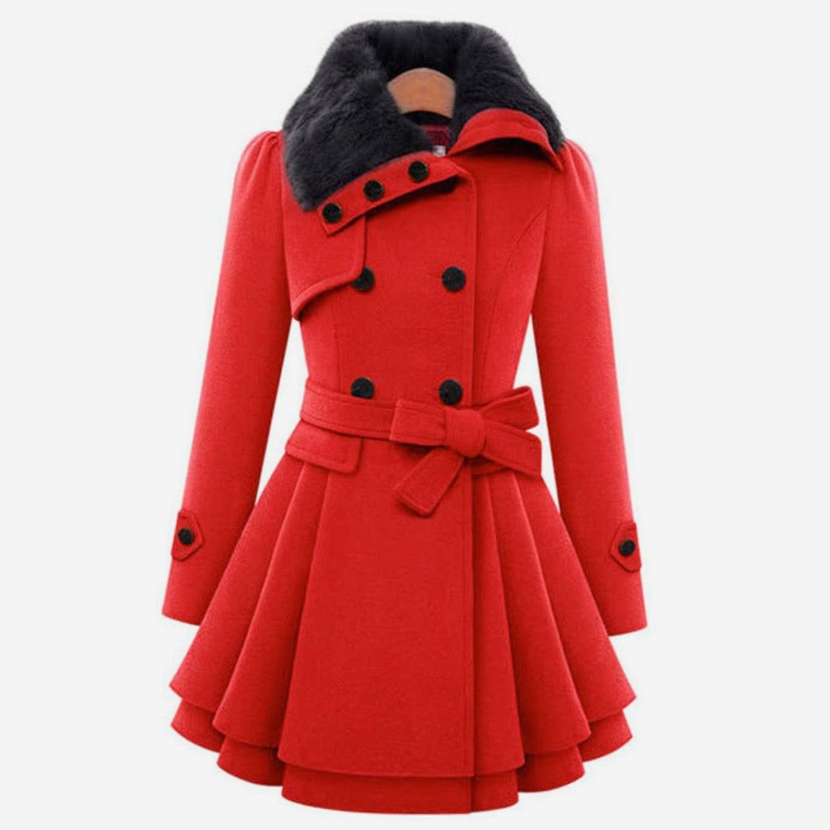 Women's Double-Breasted Faux Fur Collar Belted Ladies Overcoat