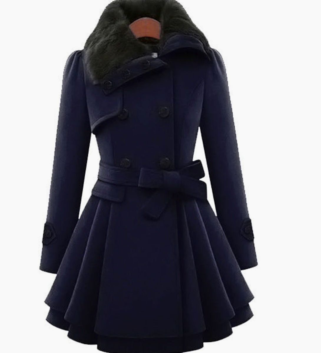 Women's Double-Breasted Faux Fur Collar Belted Ladies Overcoat