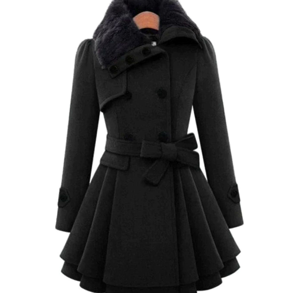 Women's Double-Breasted Faux Fur Collar Belted Ladies Overcoat