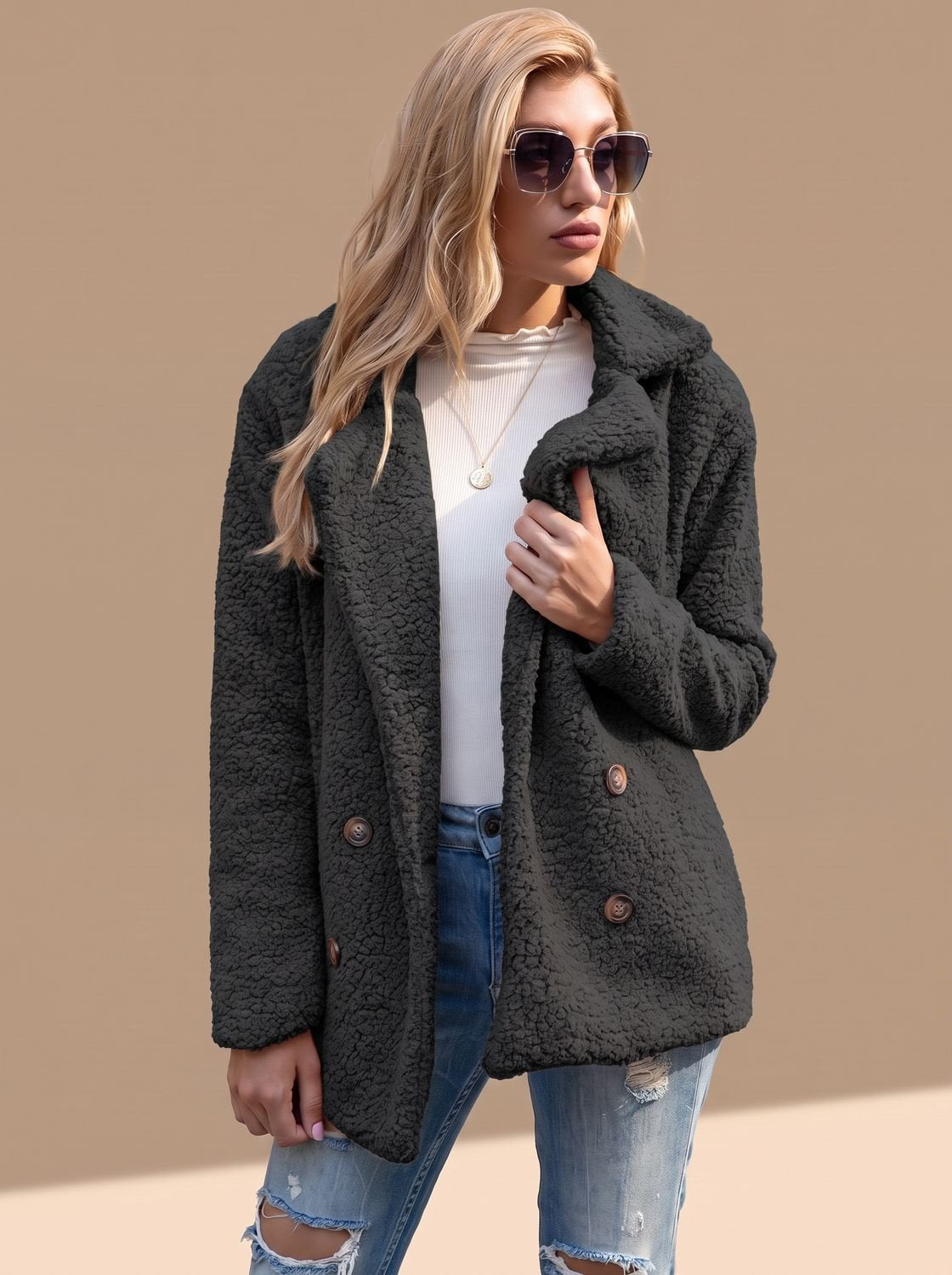 Sienna | Women's Double-Breasted Faux Fur Teddy Coat Notched Lapel