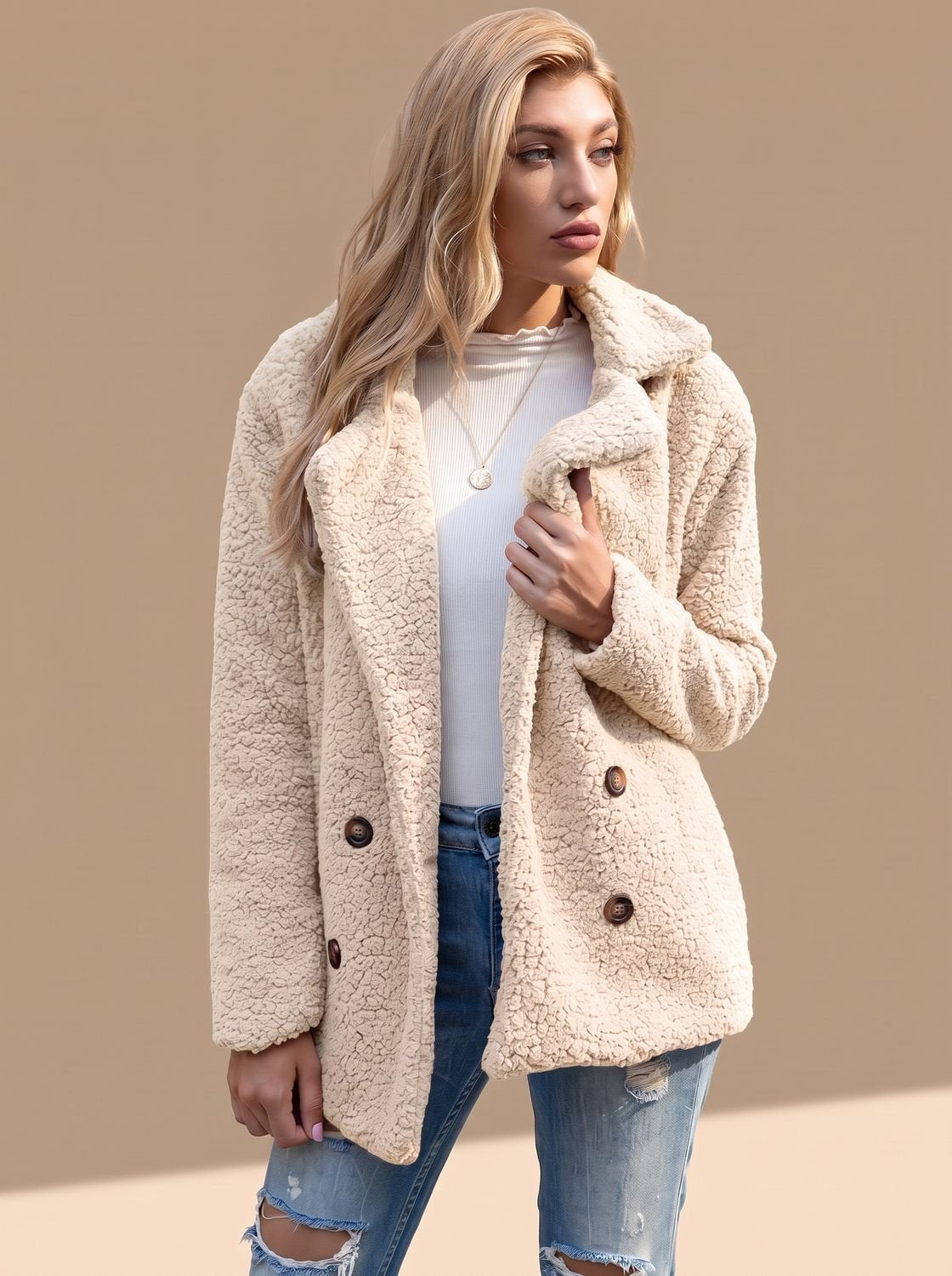 Sienna | Women's Double-Breasted Faux Fur Teddy Coat Notched Lapel