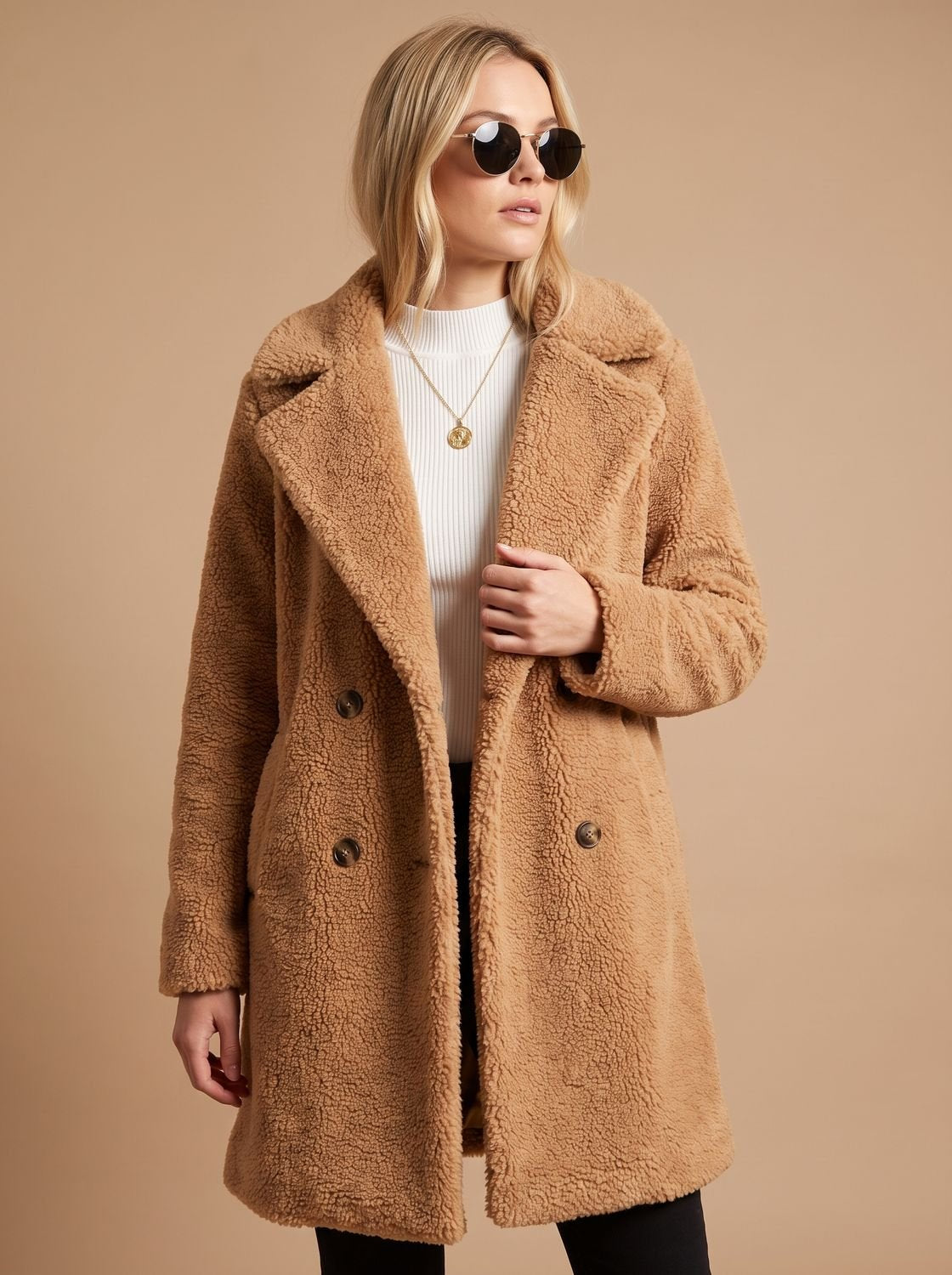 Sienna | Women's Double-Breasted Faux Fur Teddy Coat Notched Lapel