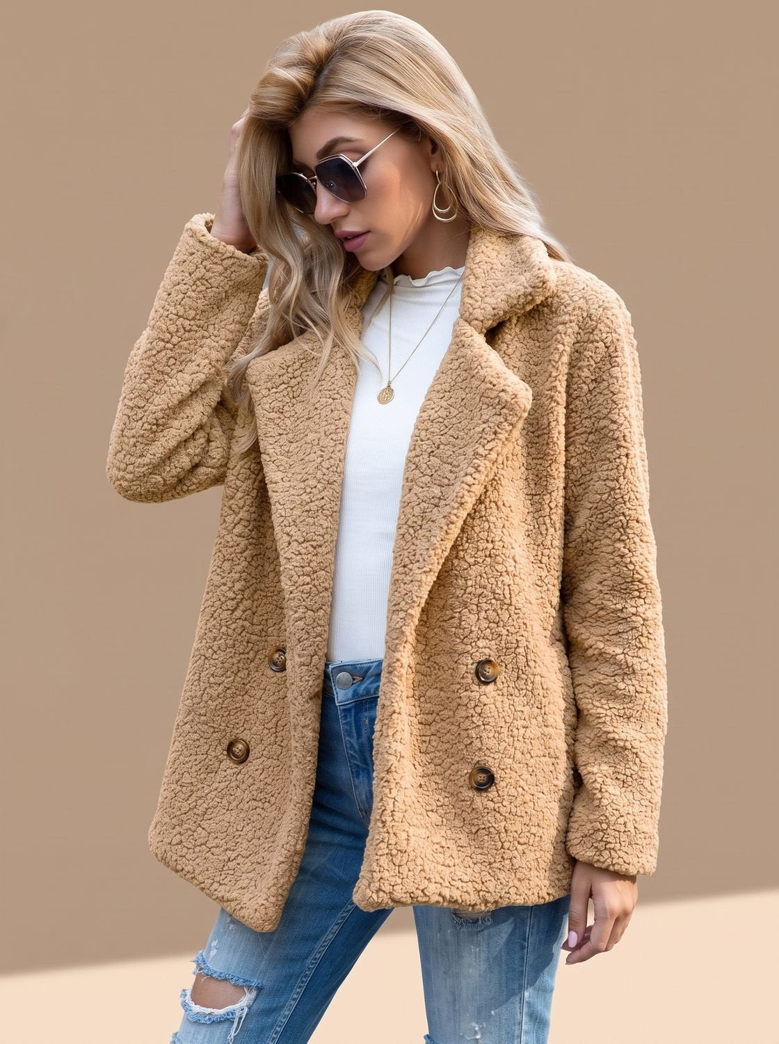 Sienna | Women's Double-Breasted Faux Fur Teddy Coat Notched Lapel