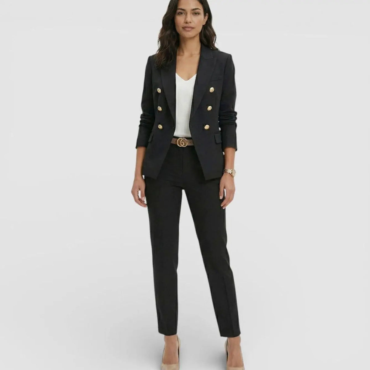 Women's Double-Breasted Gold-Button Blazer Trouser Suit Set