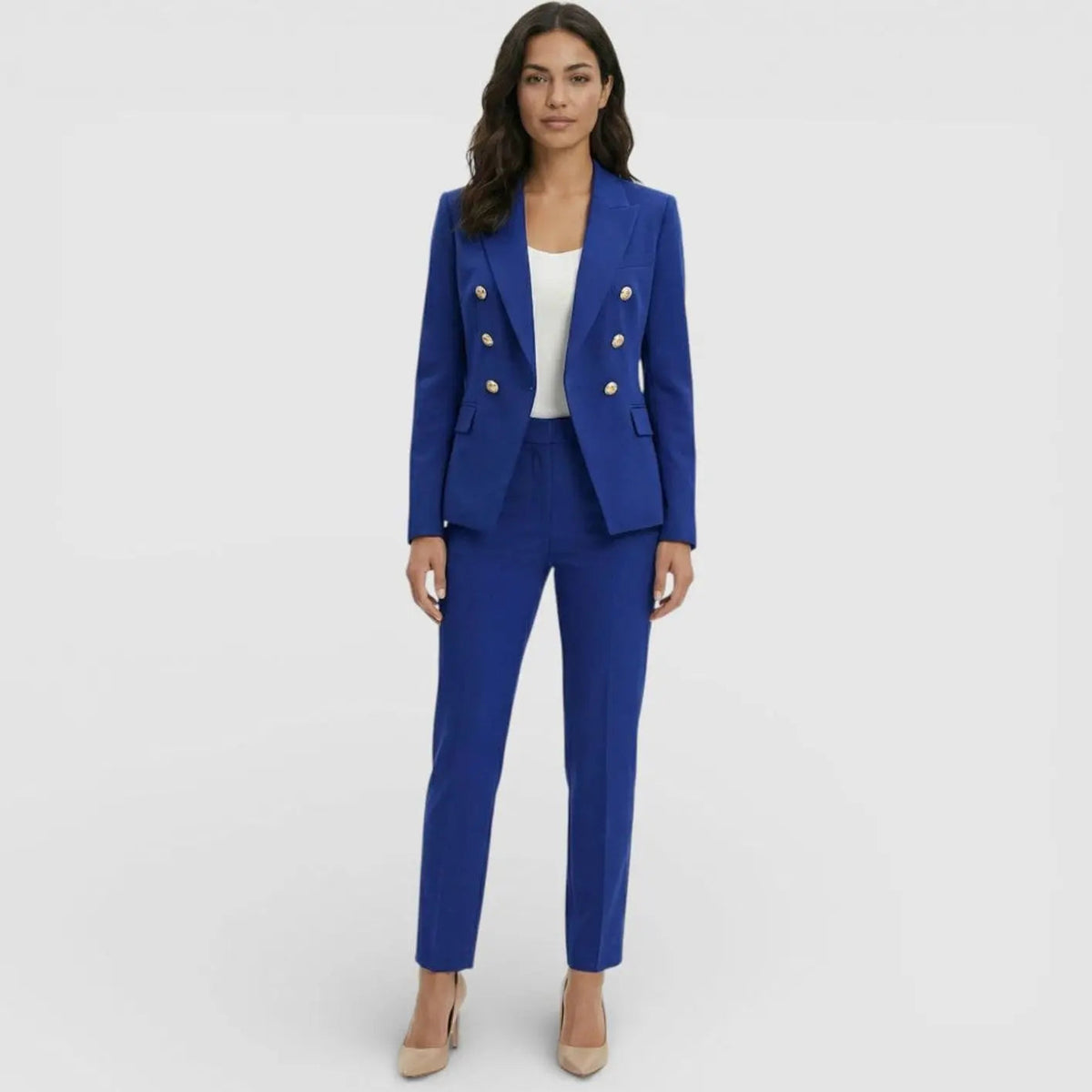 Women's Double-Breasted Gold-Button Blazer Trouser Suit Set