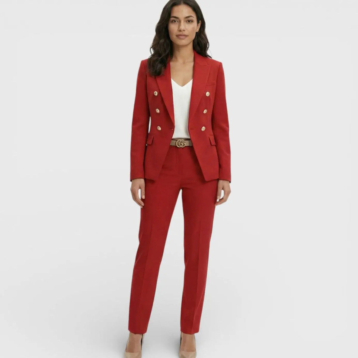 Women's Double-Breasted Gold-Button Blazer Trouser Suit Set