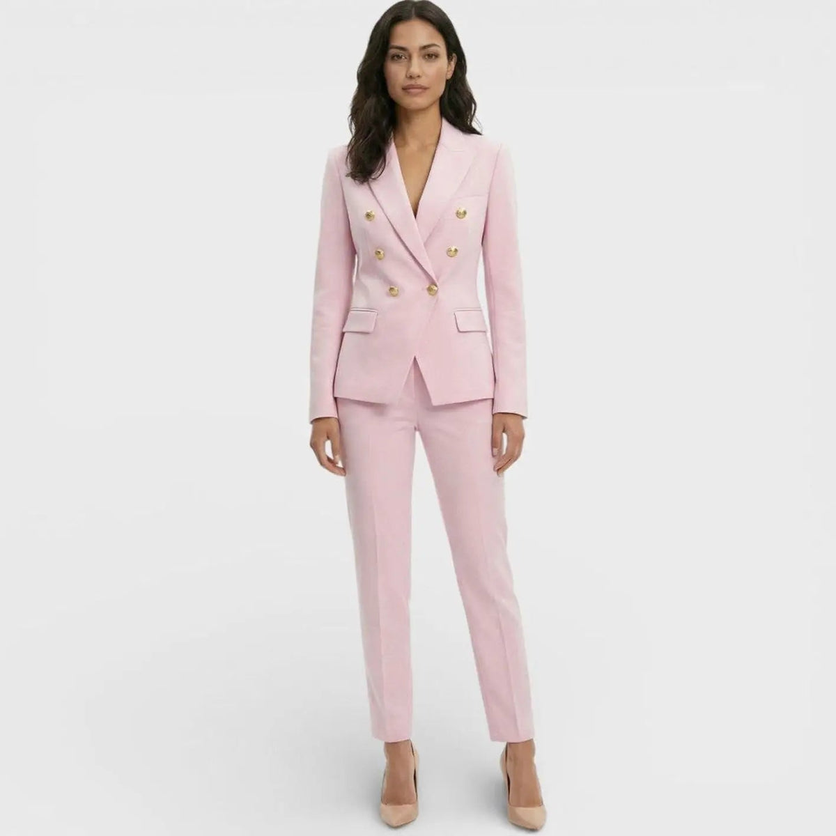 Women's Double-Breasted Gold-Button Blazer Trouser Suit Set