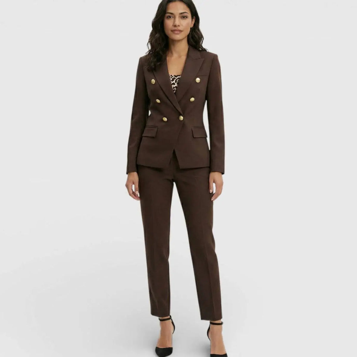 Women's Double-Breasted Gold-Button Blazer Trouser Suit Set
