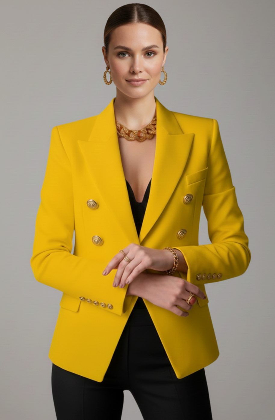 Women's Double-Breasted Gold-Button Tailored Blazer