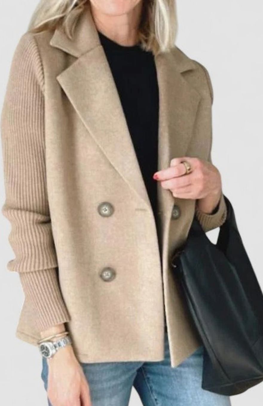 Women's Double-Breasted Knit-Sleeve Tailored Blazer