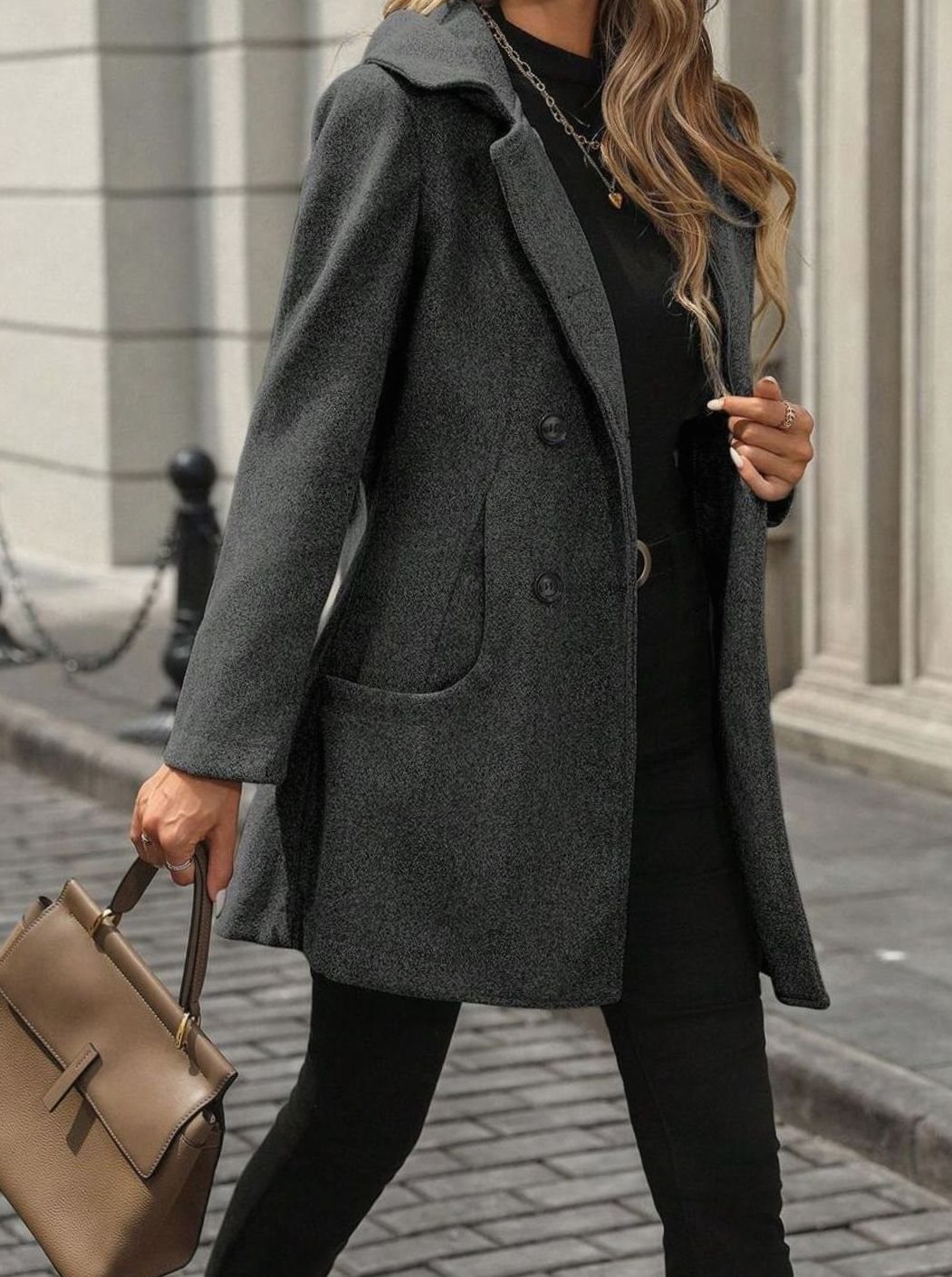 Women's Double-Breasted Lapel Wool-Blend Midi Coat Pockets