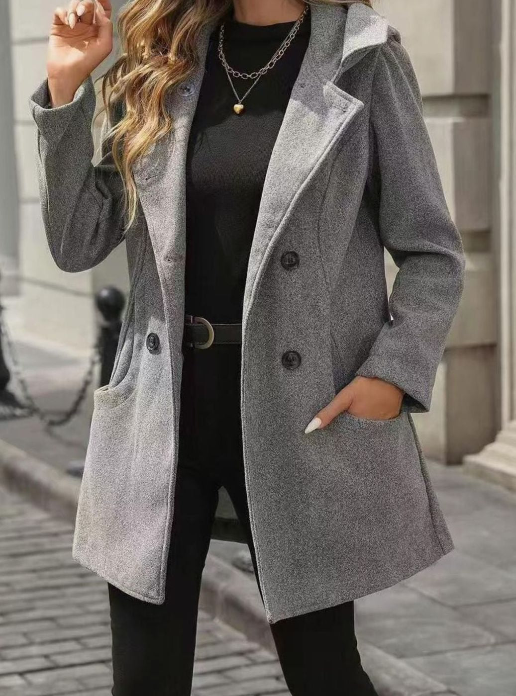 Women's Double-Breasted Lapel Wool-Blend Midi Coat Pockets