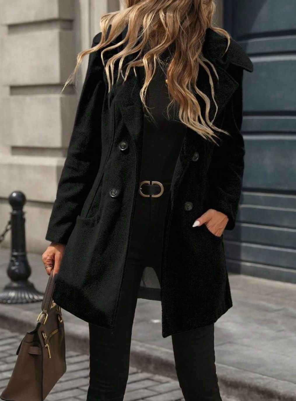 Women's Double-Breasted Lapel Wool-Blend Midi Coat Pockets