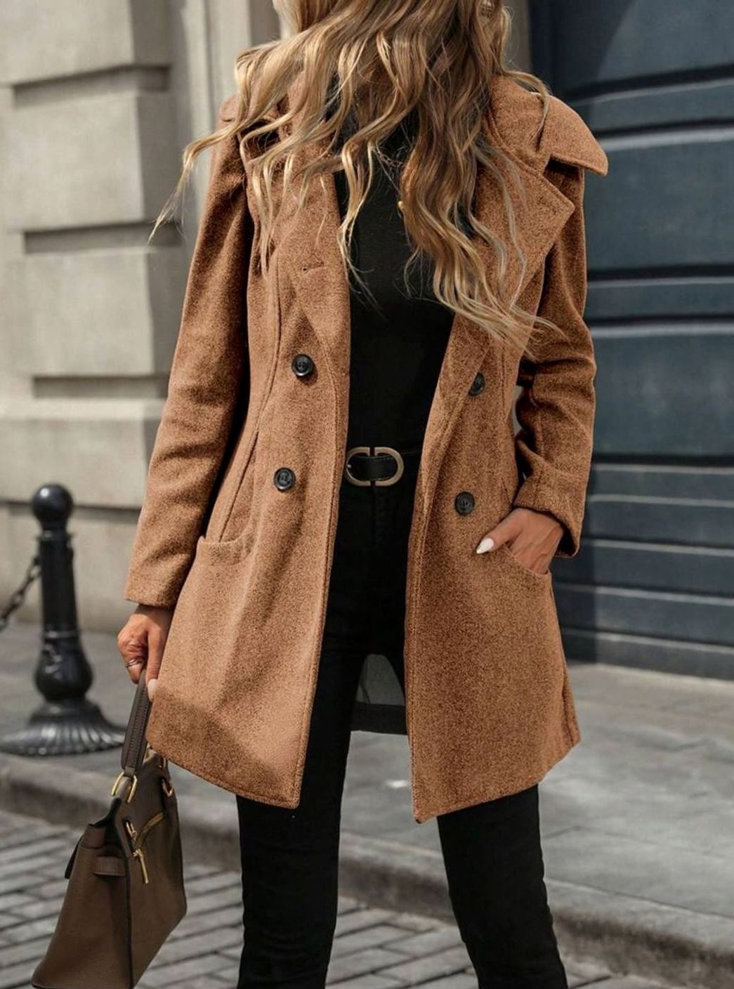 Women's Double-Breasted Lapel Wool-Blend Midi Coat Pockets