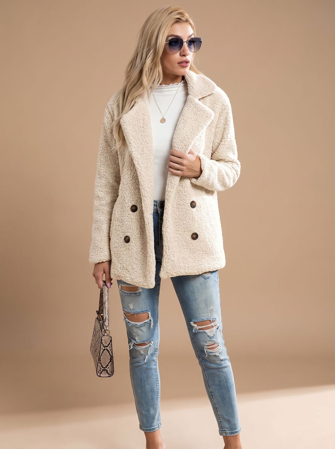 Freya | Women's Double-Breasted Oversized Teddy Coat Faux Fur Jacket