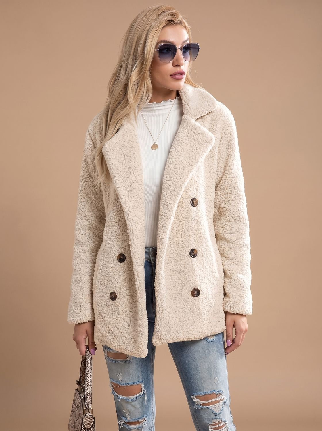 Freya | Women's Double-Breasted Oversized Teddy Coat Faux Fur Jacket