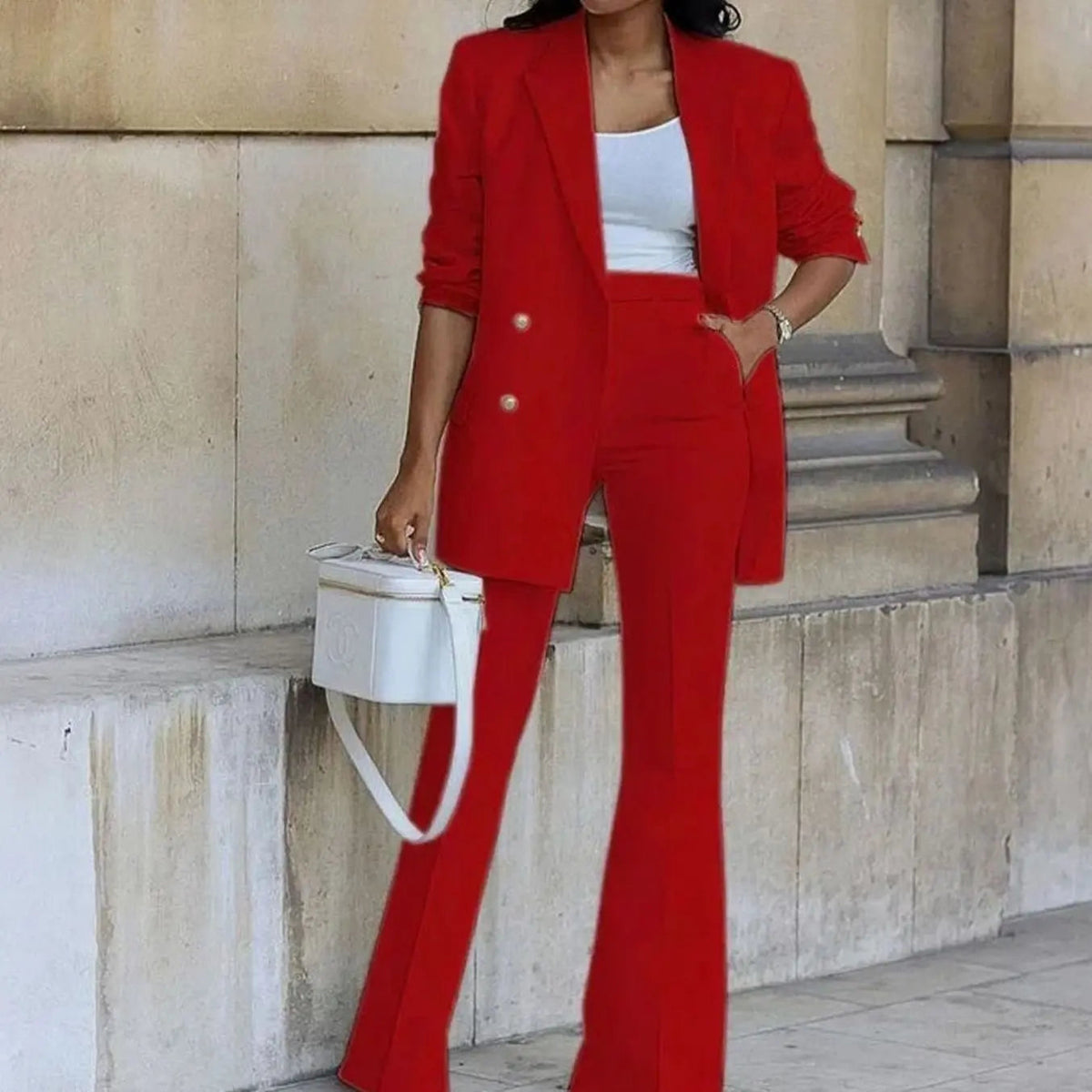 Women's Double-Breasted Tailored Blazer Flared Trouser Suit Set