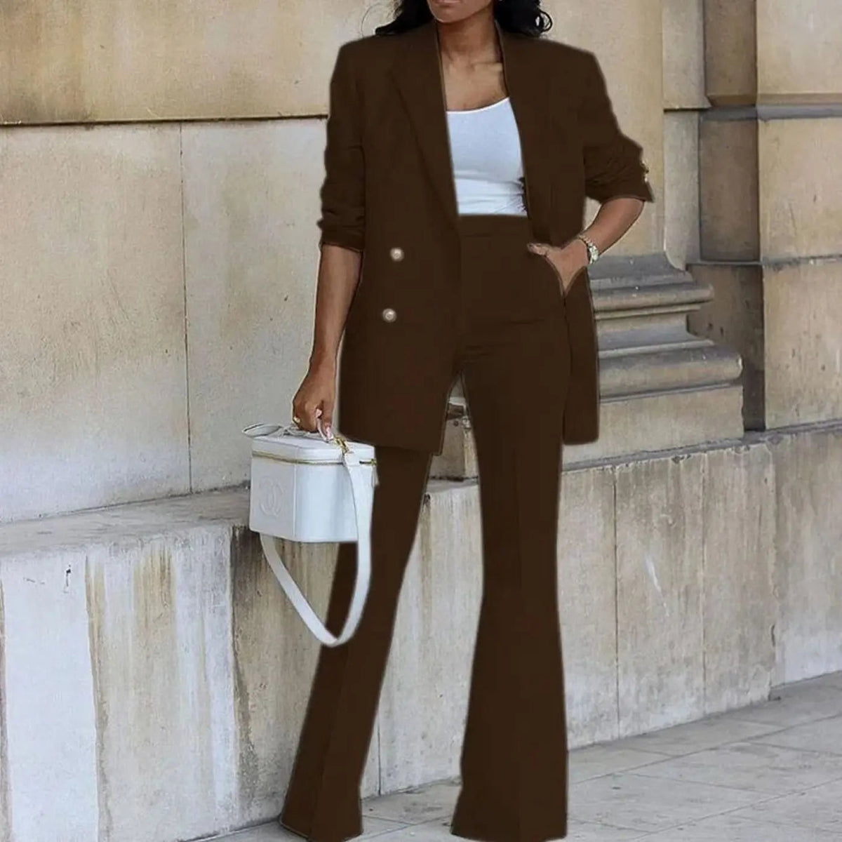 Women's Double-Breasted Tailored Blazer Flared Trouser Suit Set