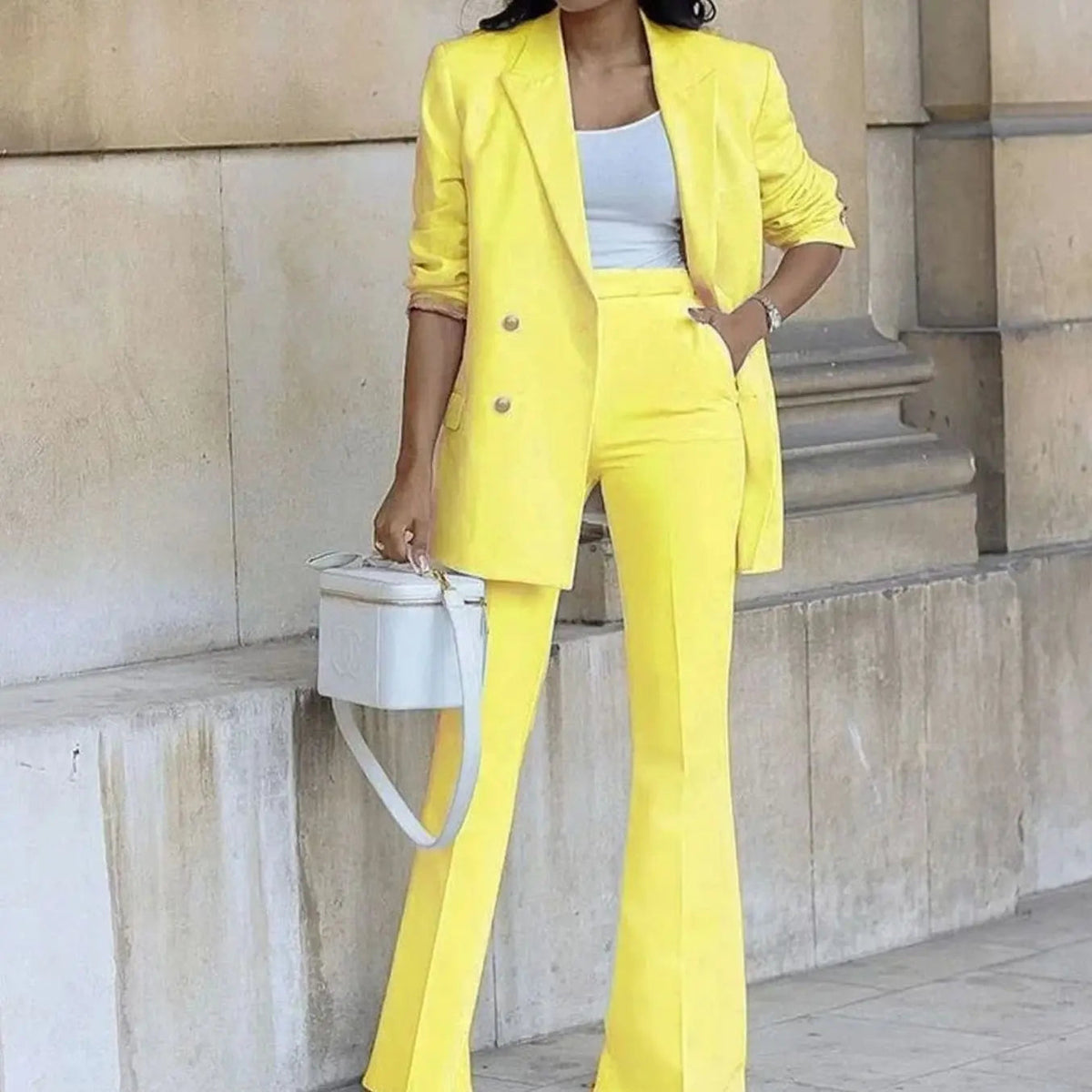 Women's Double-Breasted Tailored Blazer Flared Trouser Suit Set