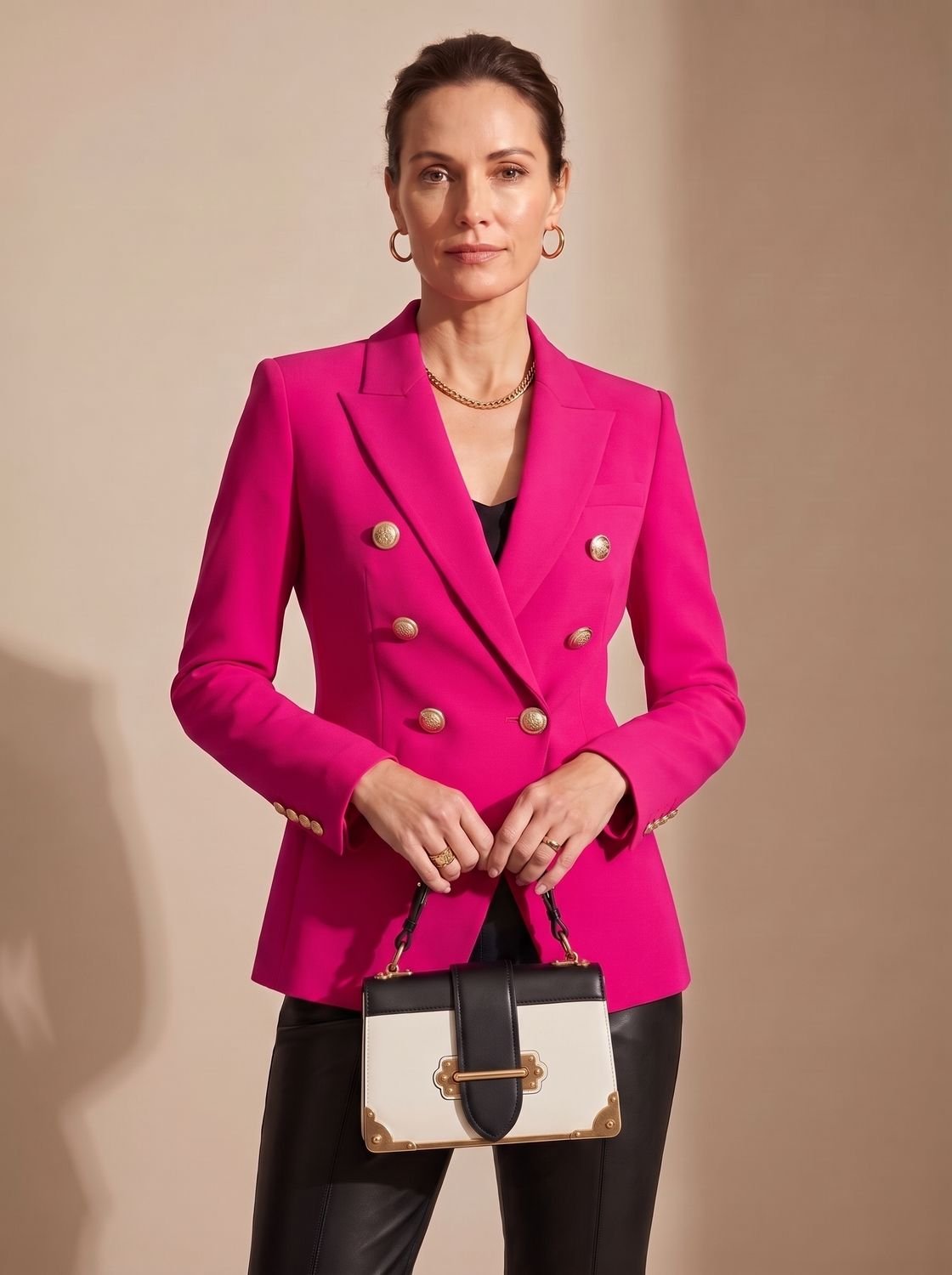 Women's Double-Breasted Tailored Blazer Gold-Tone Buttons