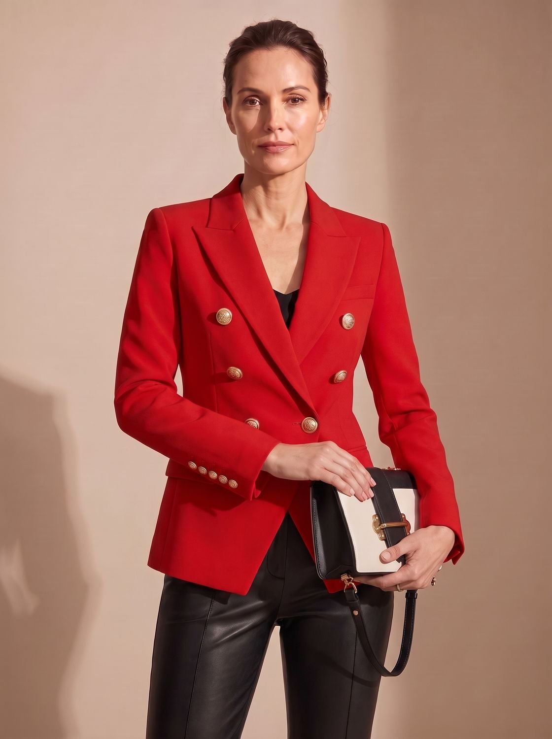 Women's Double-Breasted Tailored Blazer Gold-Tone Buttons