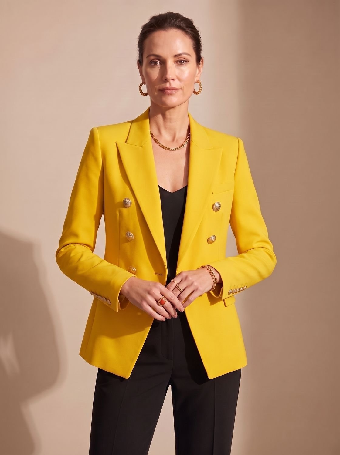Women's Double-Breasted Tailored Blazer Gold-Tone Buttons