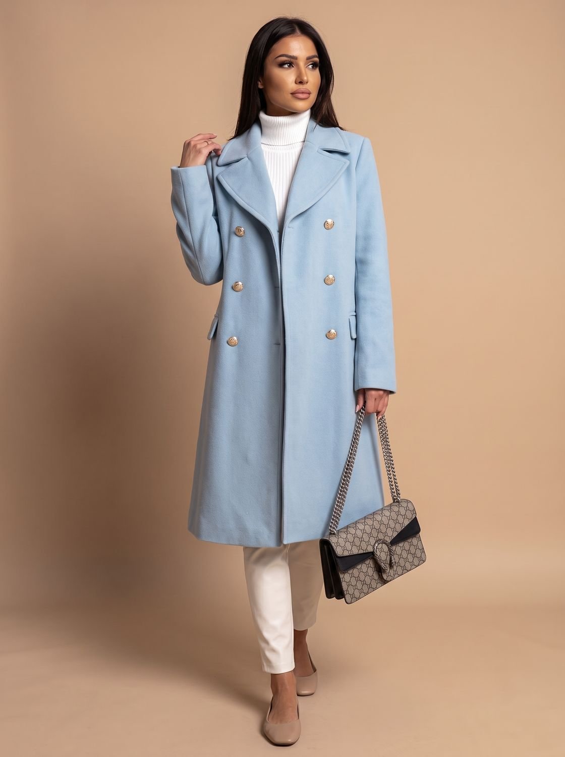Olivia | Women's Double Breasted Wool Coat Gold Button Notch Lapel