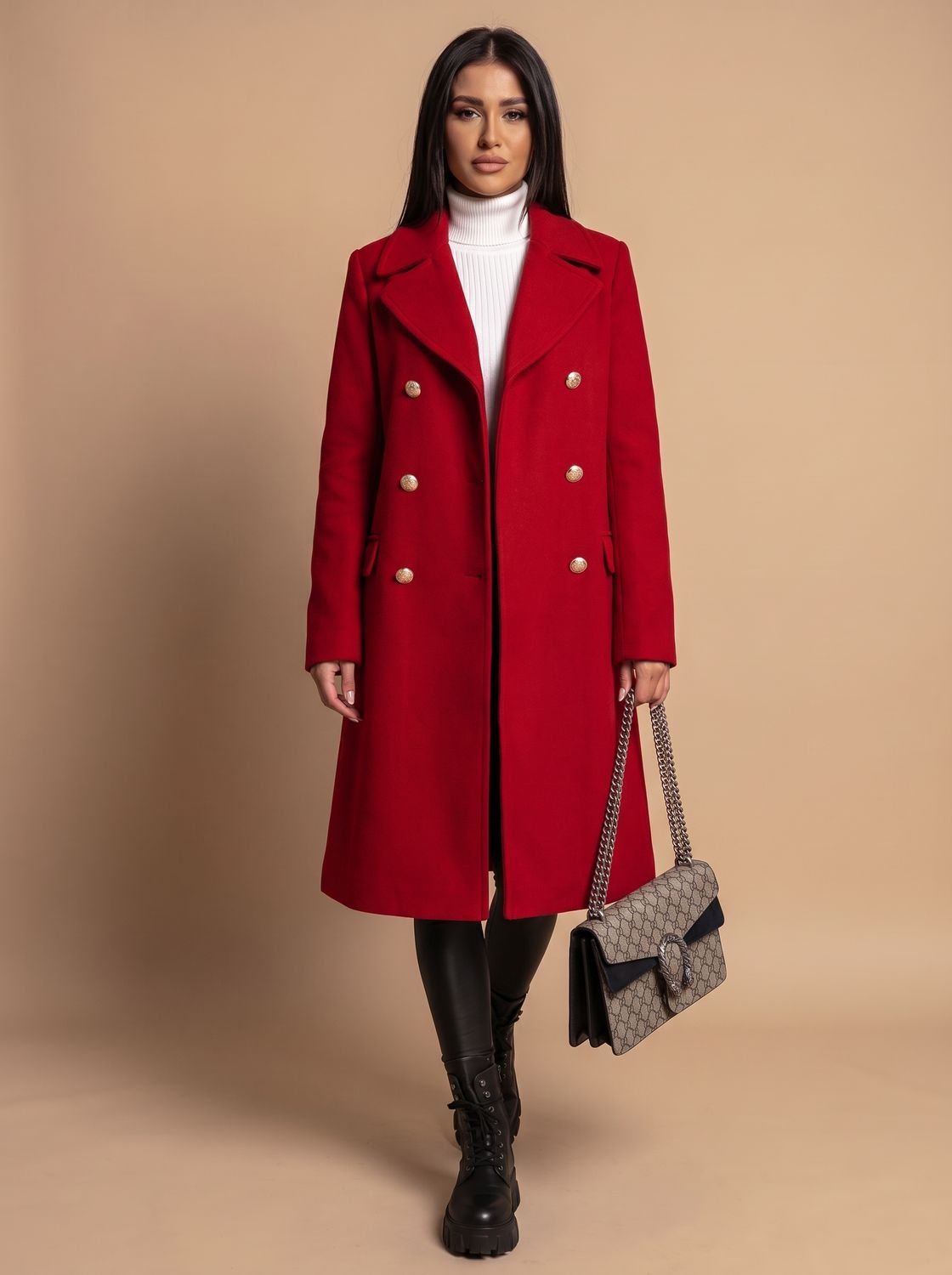 Olivia | Women's Double Breasted Wool Coat Gold Button Notch Lapel