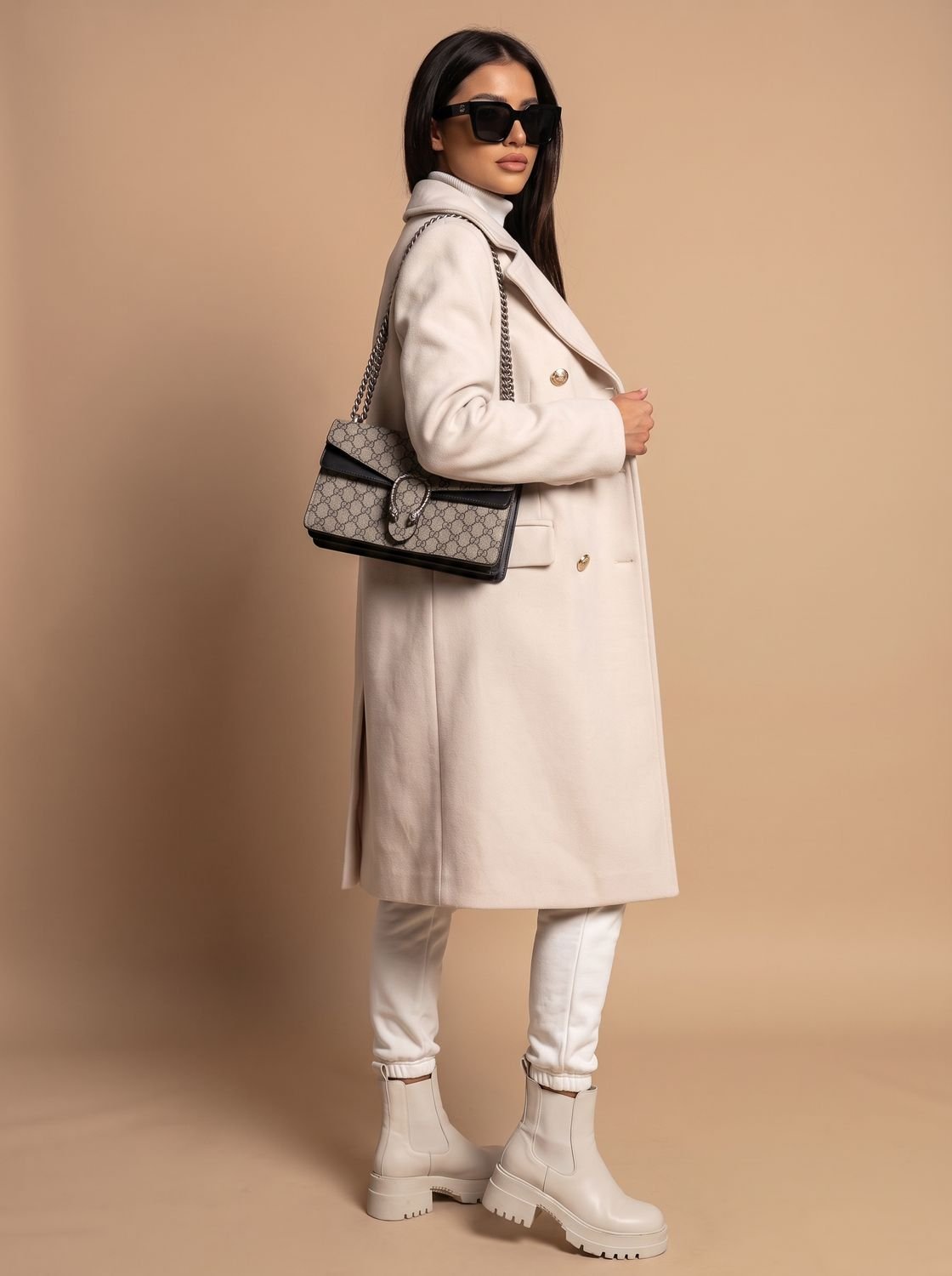 Olivia | Women's Double Breasted Wool Coat Gold Button Notch Lapel