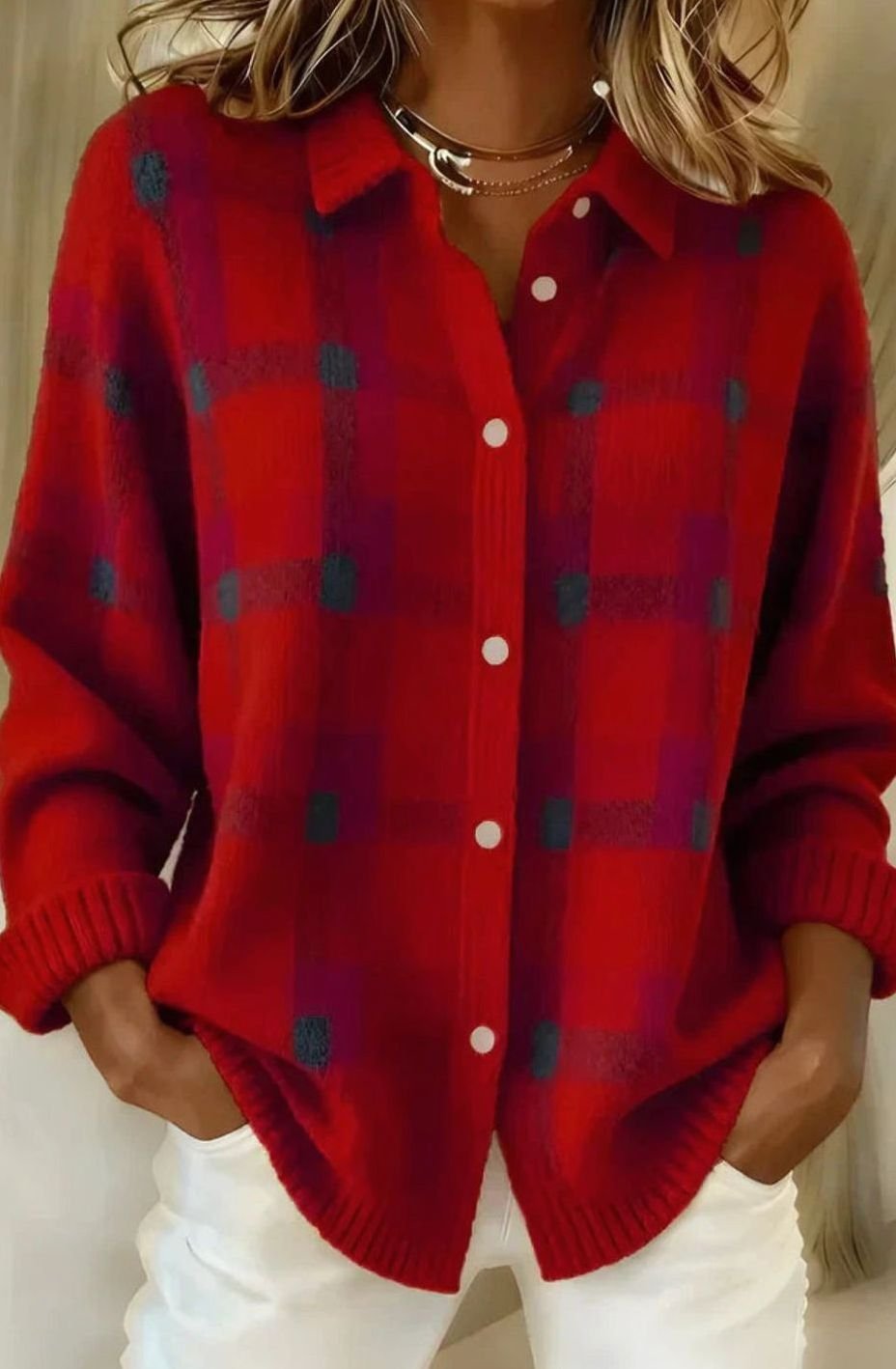Women's Elegant Long Checked Button-Front Cardigan Sweater