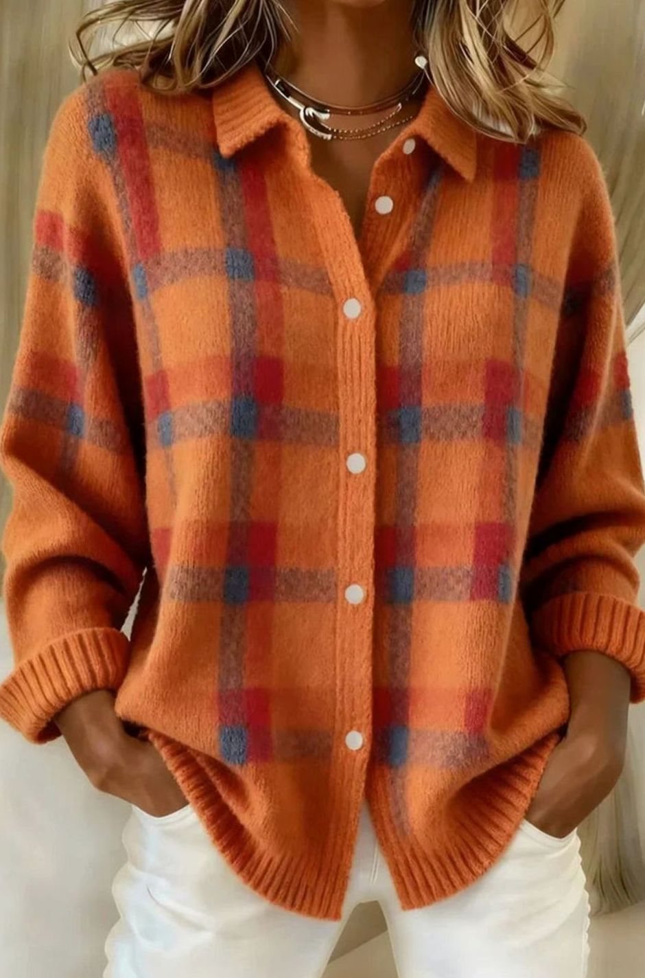Women's Elegant Long Checked Button-Front Cardigan Sweater