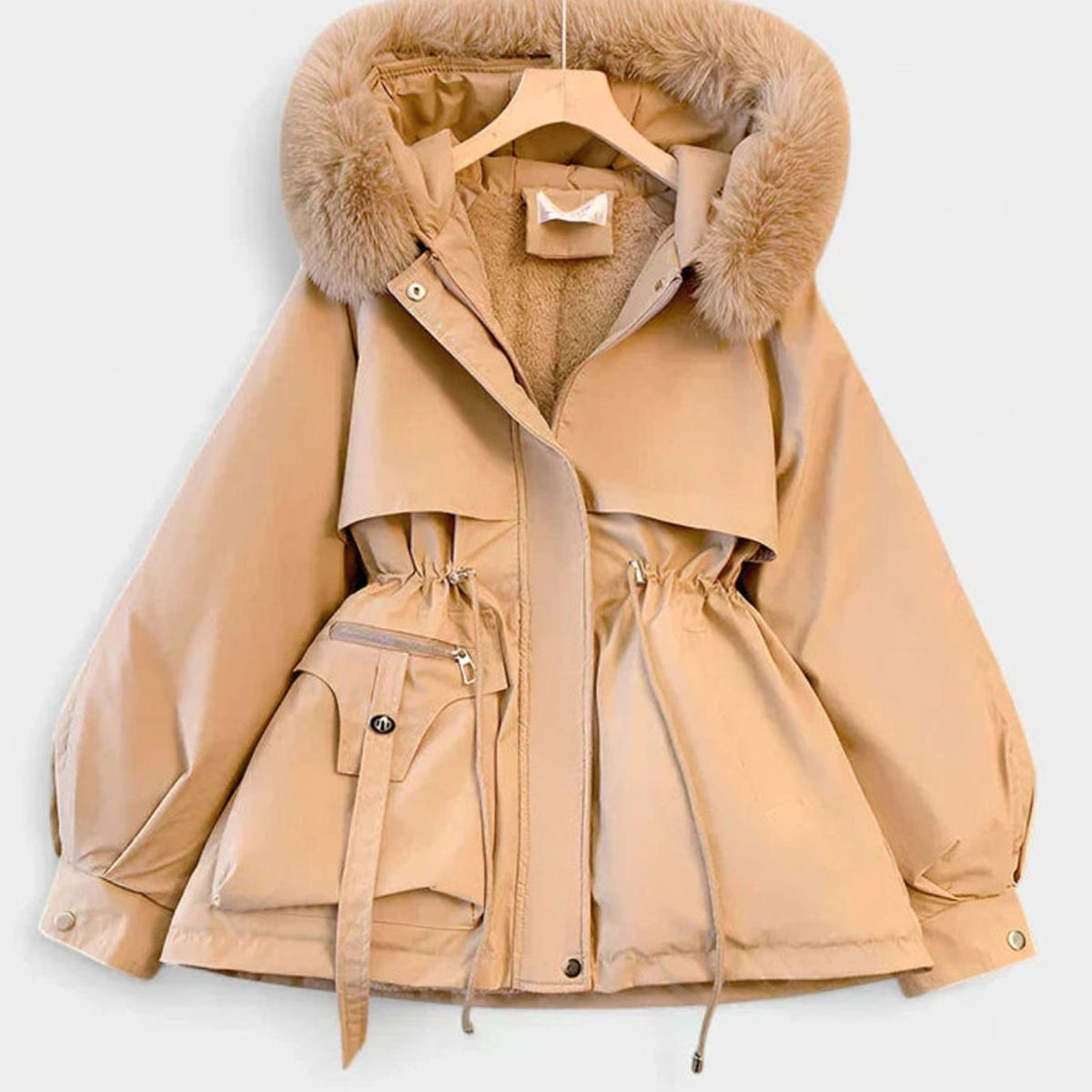 Women's Elegant Padded Winter Jacket Faux Fur Hood Drawstring Waist