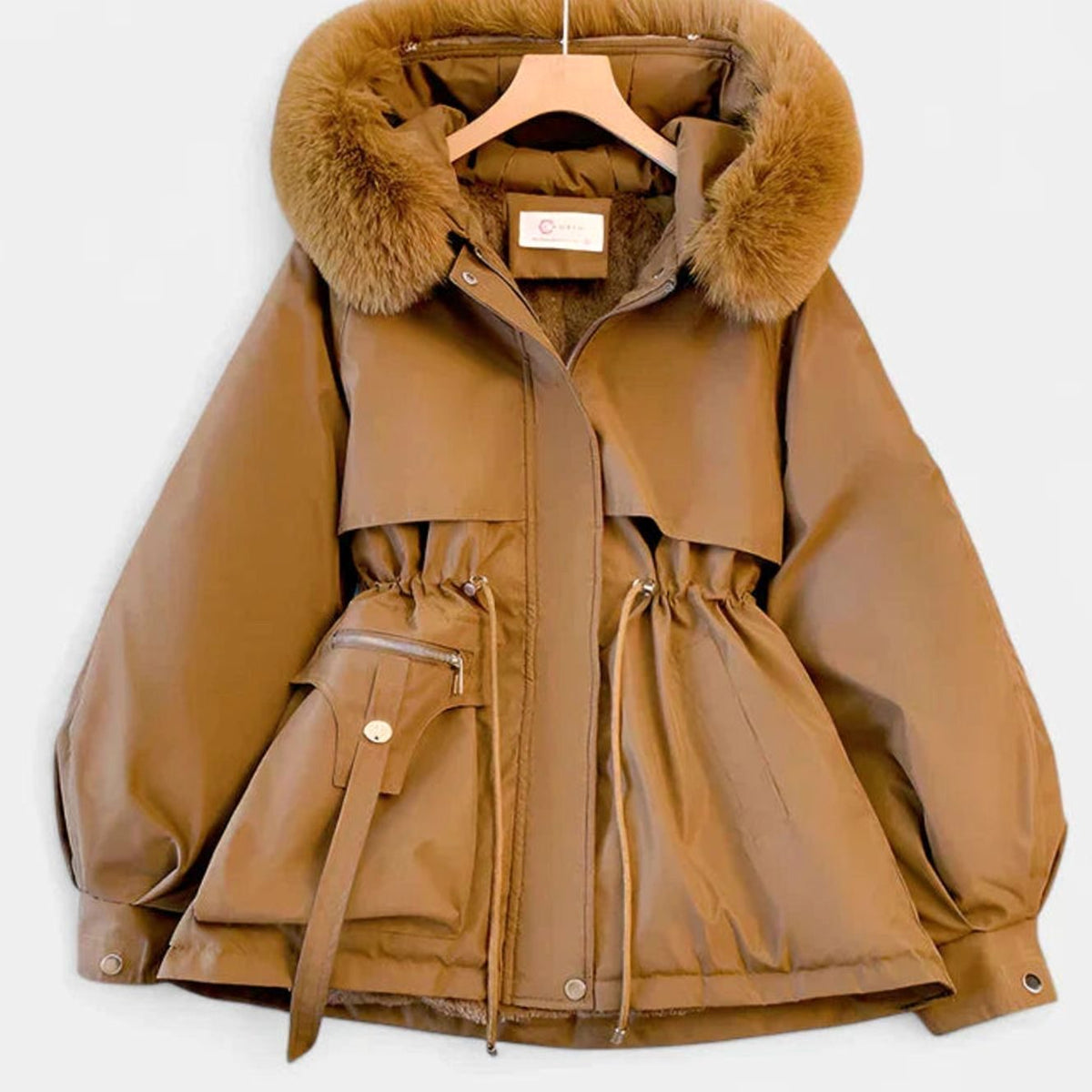Women's Elegant Padded Winter Jacket Faux Fur Hood Drawstring Waist